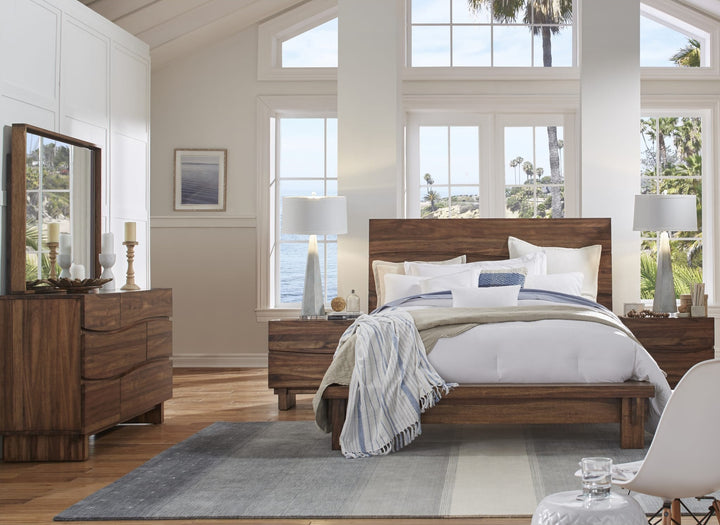 Ocean Solid Wood Platform Bed in Natural Sengon styled in a bedroom