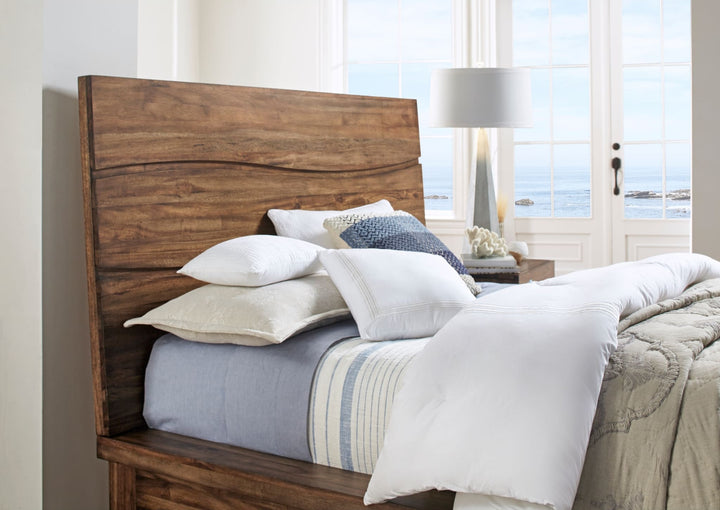 Ocean Solid Wood Platform Bed in Natural Sengon styled in a bedroom