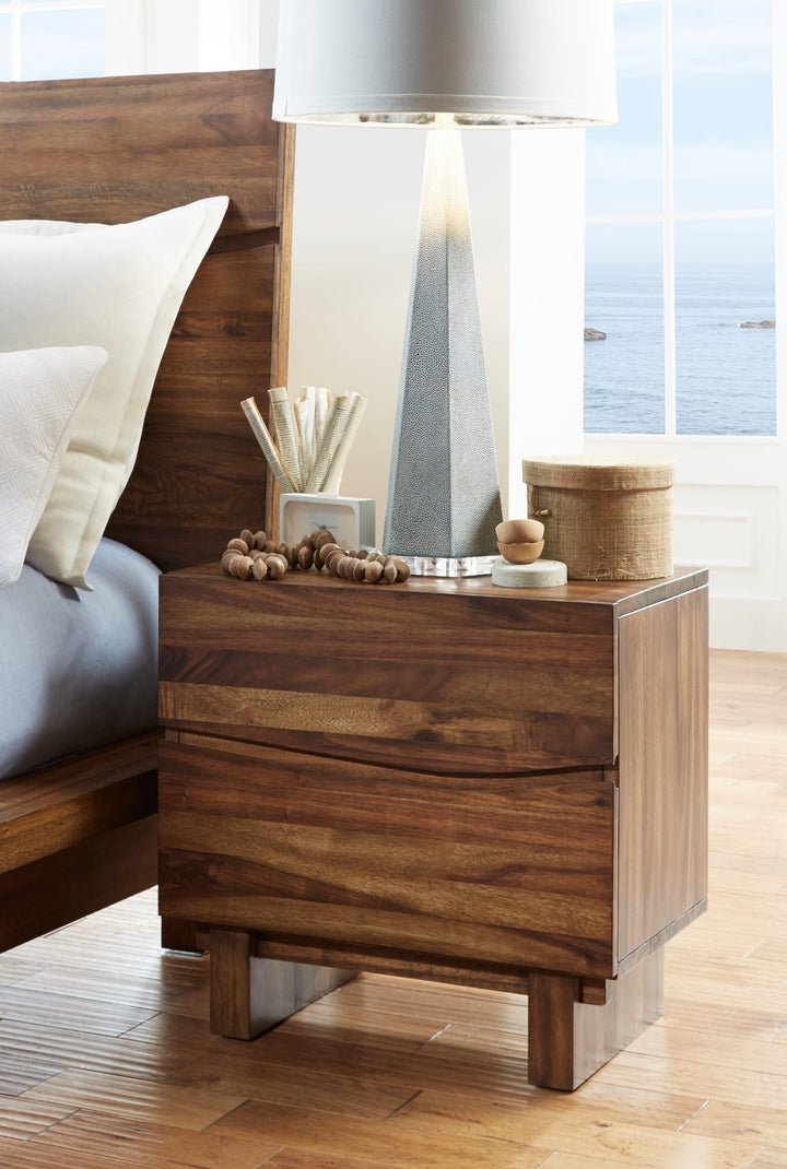 Ocean Two Drawer Solid Wood Nightstand in Natural Sengon — in a bedroom setting