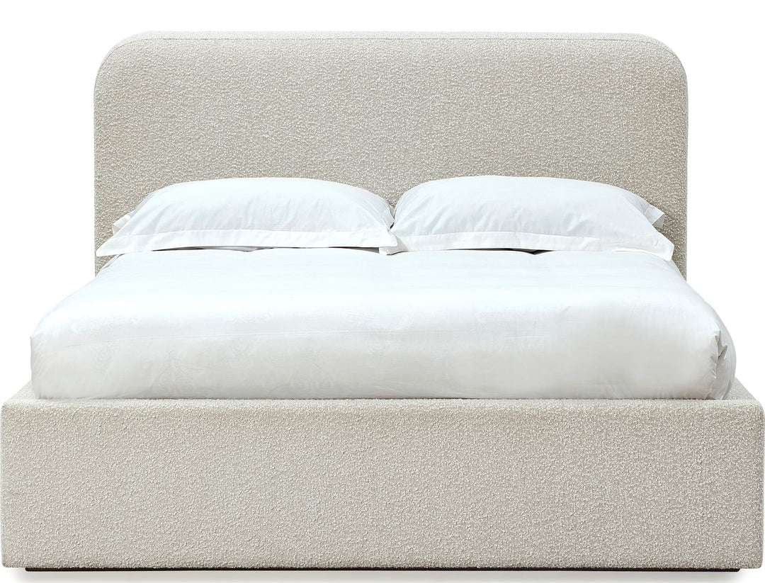 Off-White Upholstered Platform Bed in Ricotta Boucle — white background, front view