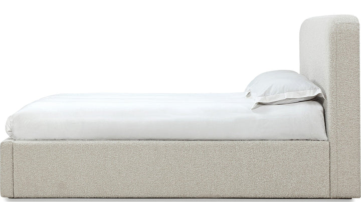 Off-White Upholstered Platform Bed in Ricotta Boucle — white background, side profile