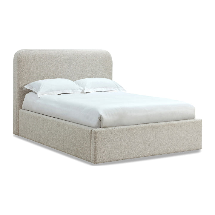 Off-White Upholstered Platform Bed by Modus in Ricotta Boucle — white background, angled view