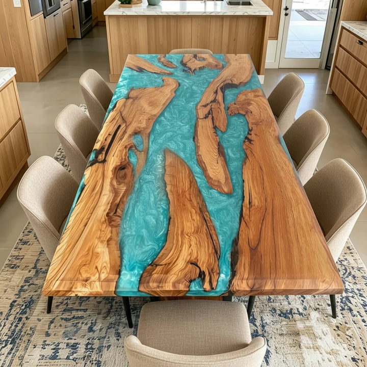 Olive Wood Turquoise River Dining Table by Thomas Dawn