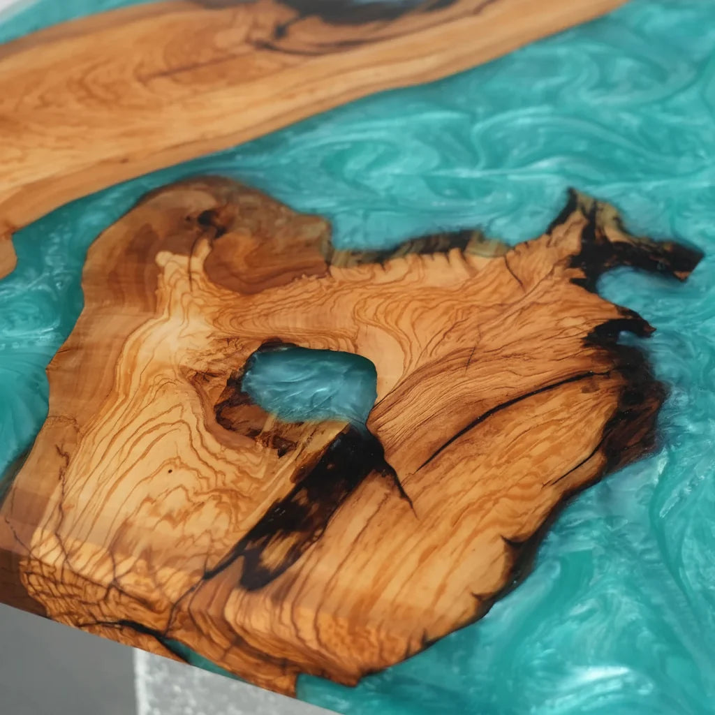Olive Wood Turquoise River Dining Table by Thomas Dawn