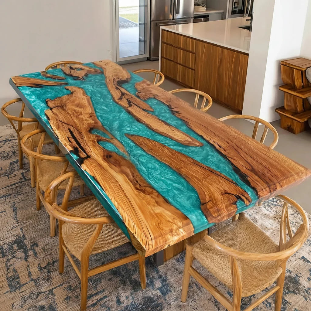 Olive Wood Turquoise River Dining Table by Thomas Dawn