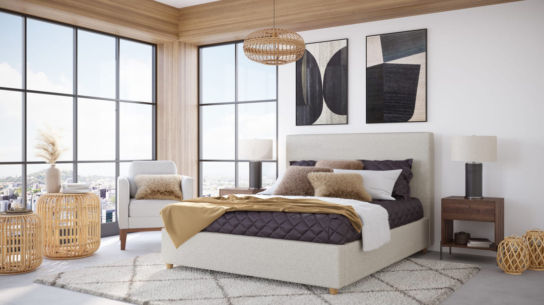 Olivia Upholstered Platform Bed in Ivory styled in a bedroom