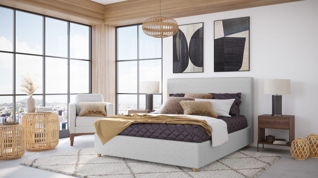 Olivia Upholstered Platform Bed in Linen styled in a bedroom