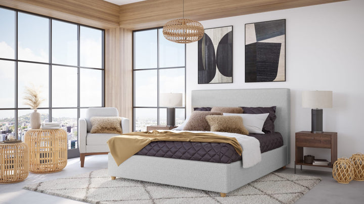 Olivia Upholstered Platform Bed in Linen styled in a bedroom