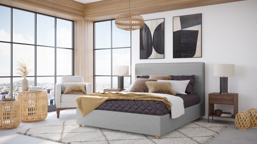 Olivia Upholstered Platform Bed in Pewter styled in a bedroom