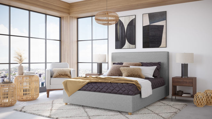 Olivia Upholstered Platform Bed in Pewter styled in a bedroom