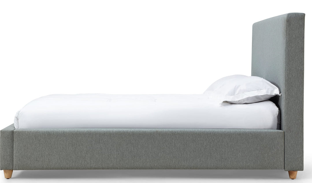 Olivia Upholstered Platform Bed in Pewter — white background, side profile