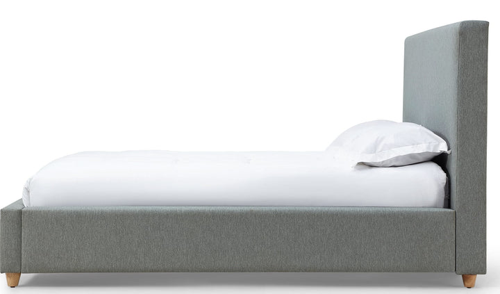 Olivia Upholstered Platform Bed in Pewter — white background, side profile