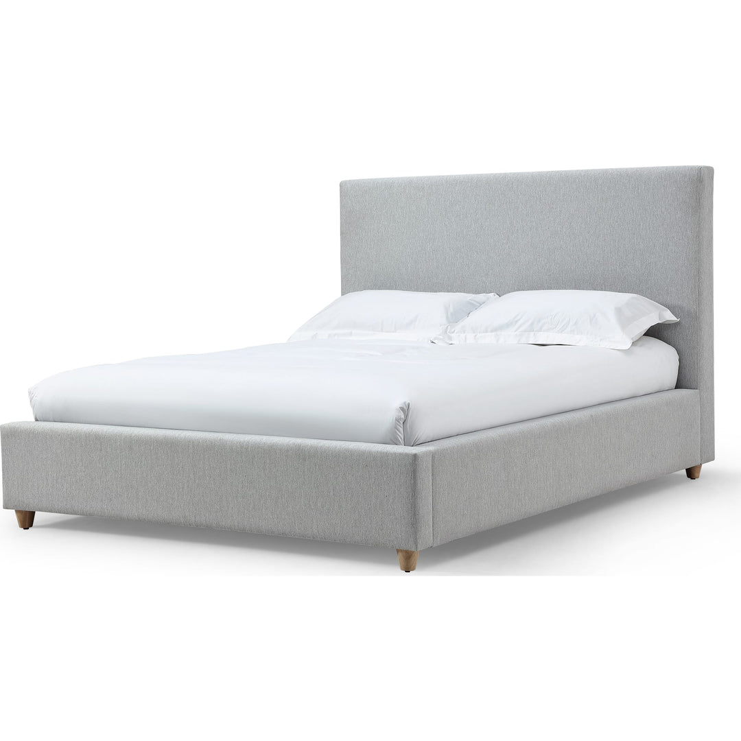 Olivia Upholstered Platform Bed in Linen — white background, angled view