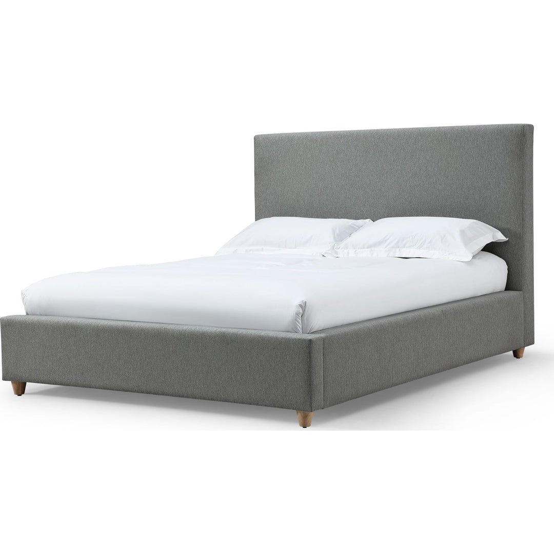 Olivia Upholstered Platform Bed in Pewter — white background, angled view