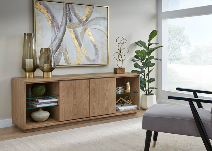 One Coastal 74" TV Console in Bisque — lifestyle photo