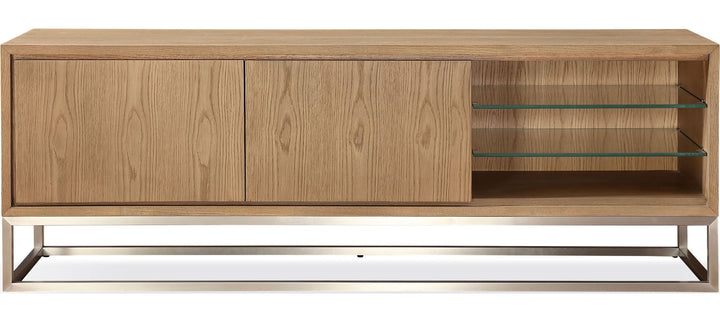 One Coastal 74" TV Console in Brushed Stainless Steel and Bisque — product view on a white background