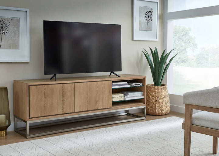 One Coastal 74" TV Console in Brushed Stainless Steel and Bisque — lifestyle photo