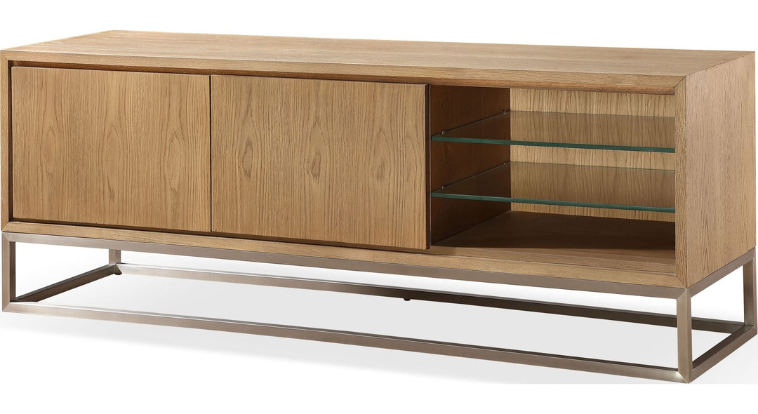 One Coastal 74" TV Console in Brushed Stainless Steel and Bisque — product view on a white background