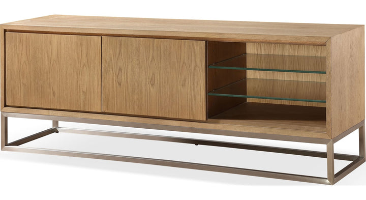 One Coastal 74" TV Console in Brushed Stainless Steel and Bisque — product view on a white background