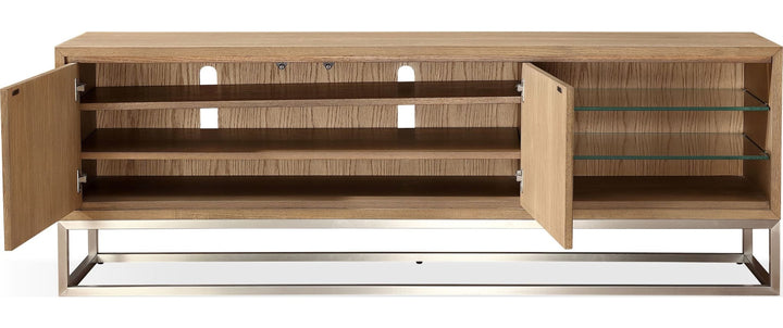 One Coastal 74" TV Console in Brushed Stainless Steel and Bisque — product view on a white background