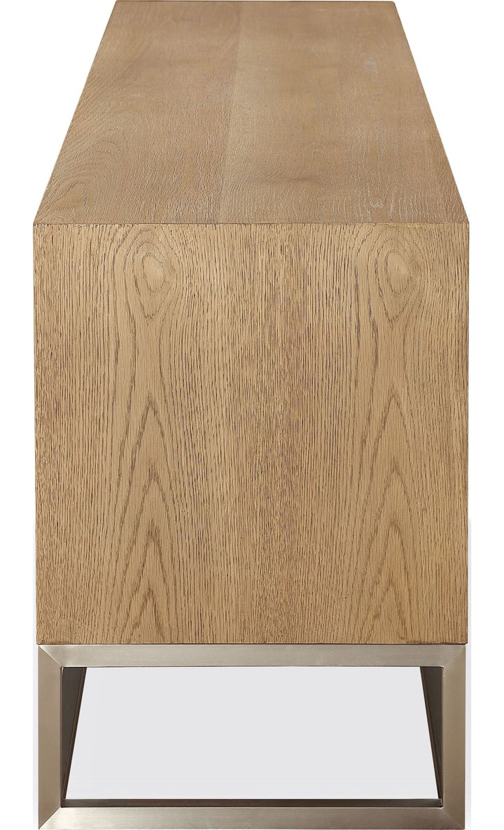 One Coastal 74" TV Console in Brushed Stainless Steel and Bisque — product view on a white background