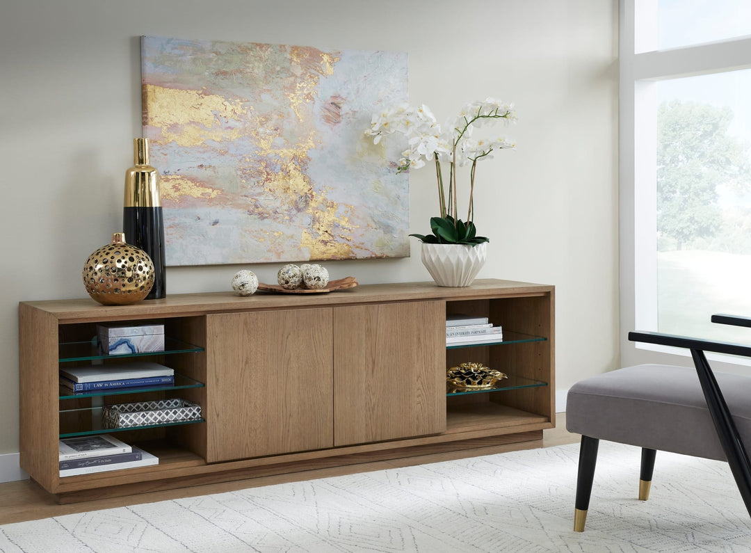 One Coastal 84" TV Console in Bisque — lifestyle photo