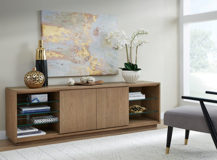 One Coastal 84" TV Console in Bisque — lifestyle photo