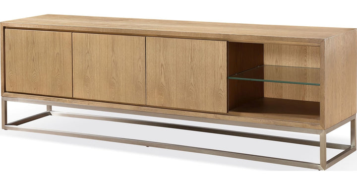 One Coastal 84" TV Console in Brushed Stainless Steel and Bisque — product view on a white background