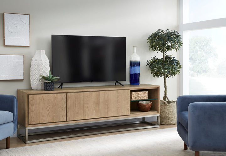 One Coastal 84" TV Console in Brushed Stainless Steel and Bisque — lifestyle photo