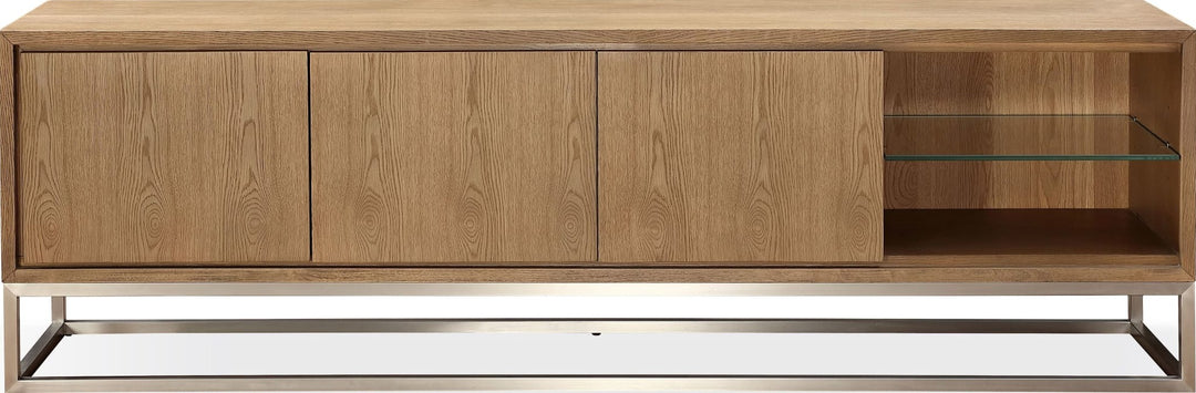 One Coastal 84" TV Console in Brushed Stainless Steel and Bisque — lifestyle photo