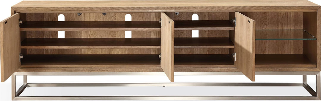 One Coastal 84" TV Console in Brushed Stainless Steel and Bisque — lifestyle photo