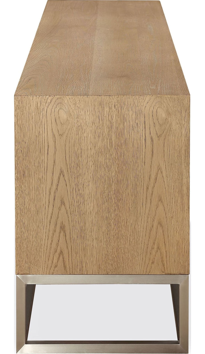 One Coastal 84" TV Console in Brushed Stainless Steel and Bisque — product view on a white background