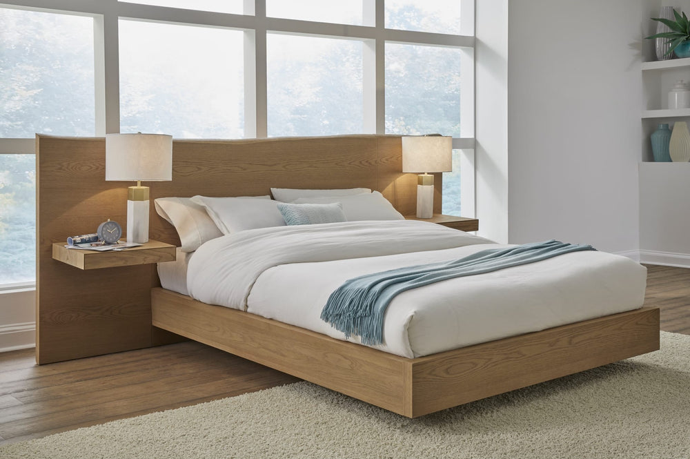 One Coastal Bed with Floating Nightstands in Bisque styled in a bedroom