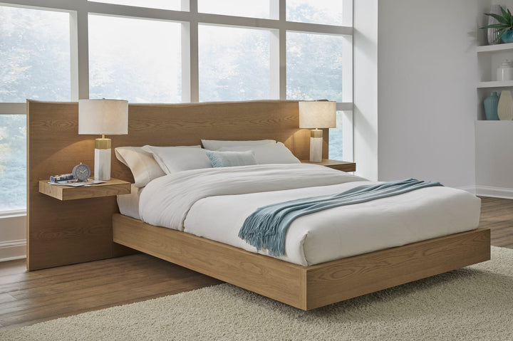 One Coastal Bed with Floating Nightstands in Bisque styled in a bedroom