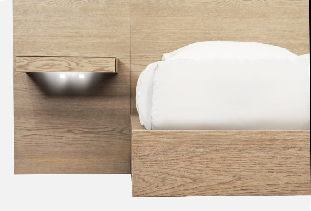 One Coastal Bed with Floating Nightstands in Bisque — close-up of a floating nightstand