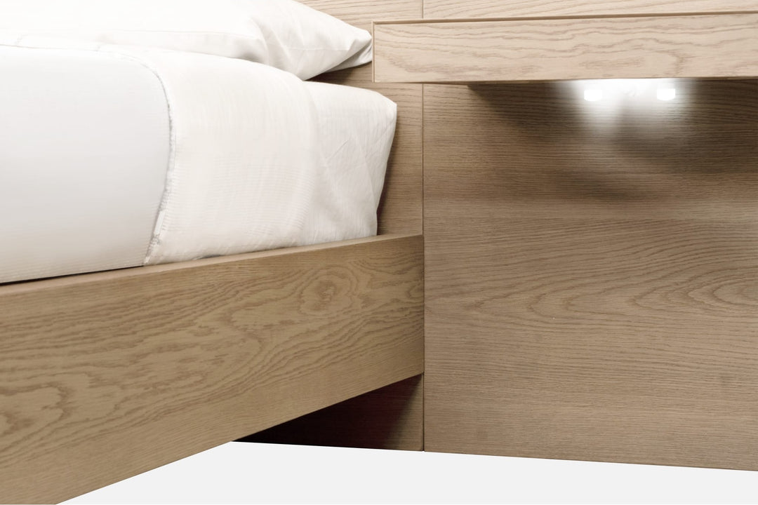 One Coastal Bed with Floating Nightstands in Bisque — close-up of a floating nightstand from the side