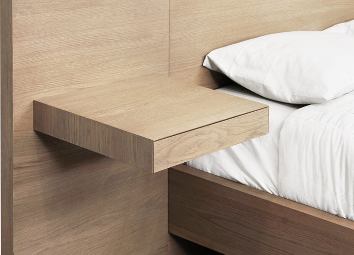 One Coastal Bed with Floating Nightstands in Bisque — close-up of a floating nightstand top