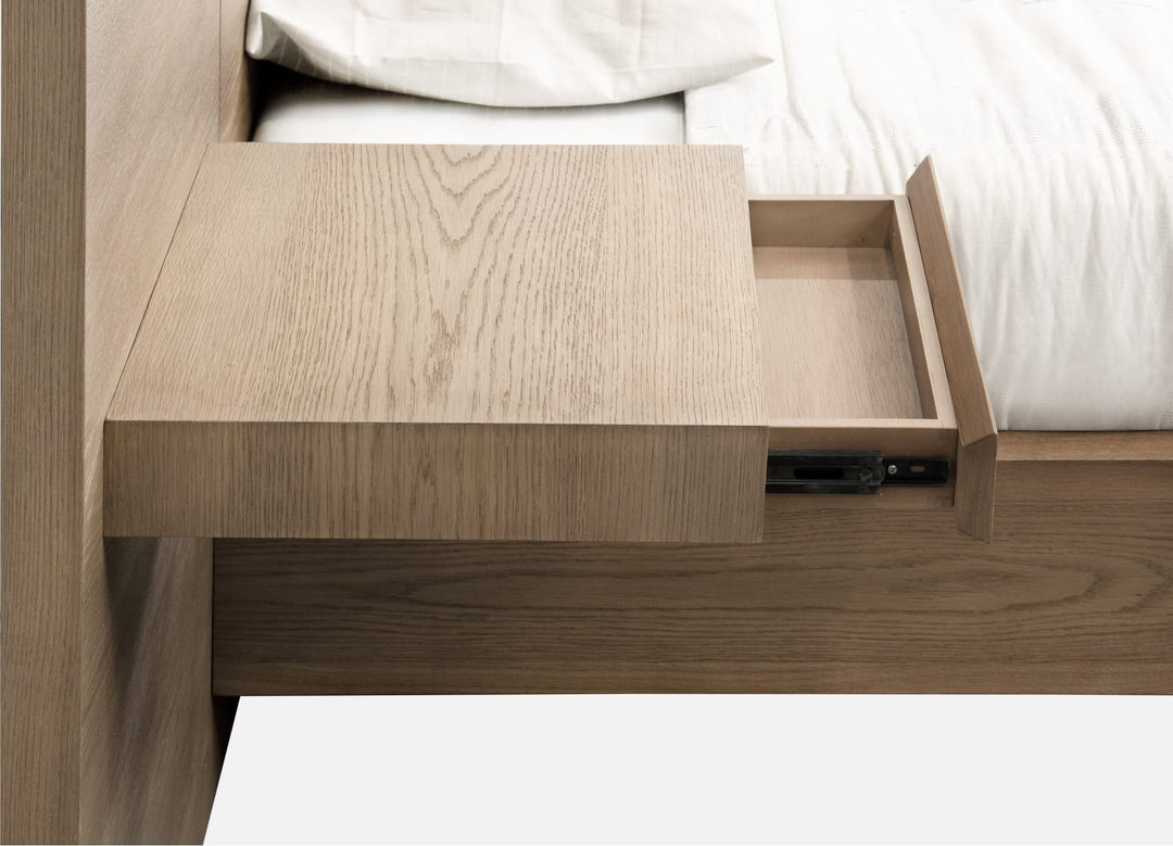 One Coastal Bed with Floating Nightstands in Bisque — floating nightstand with drawer open