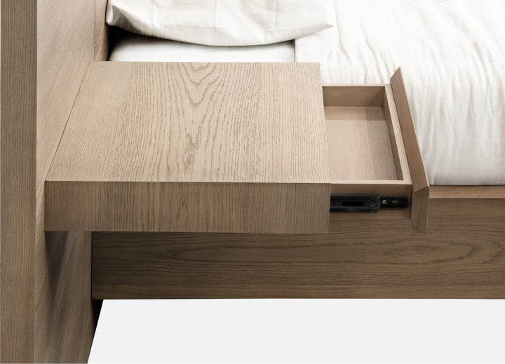 One Coastal Bed with Floating Nightstands in Bisque — floating nightstand with drawer open