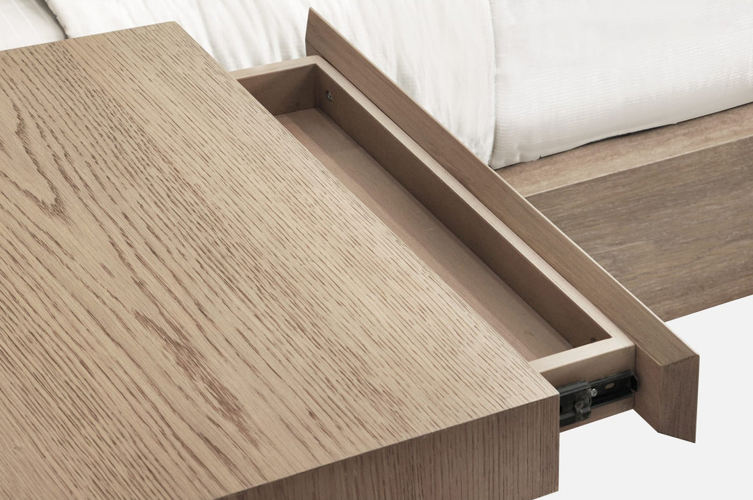 One Coastal Bed with Floating Nightstands in Bisque — floating nightstand drawer open, from above