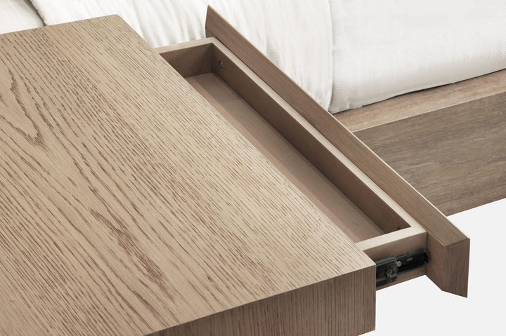 One Coastal Bed with Floating Nightstands in Bisque — floating nightstand drawer open, from above