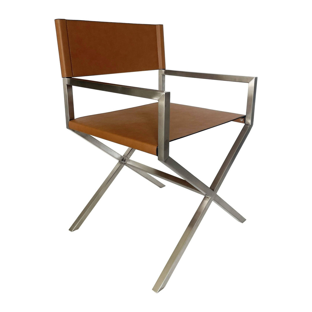 One Coastal Director's Dining Arm Chair by Modus in Cognac and Brushed Stainless Steel — product view on a white background