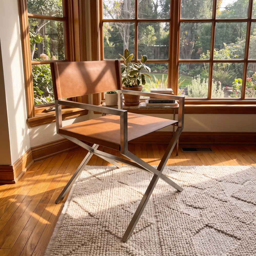 One Coastal Director's Dining Arm Chair in Cognac and Brushed Stainless Steel — lifestyle photo