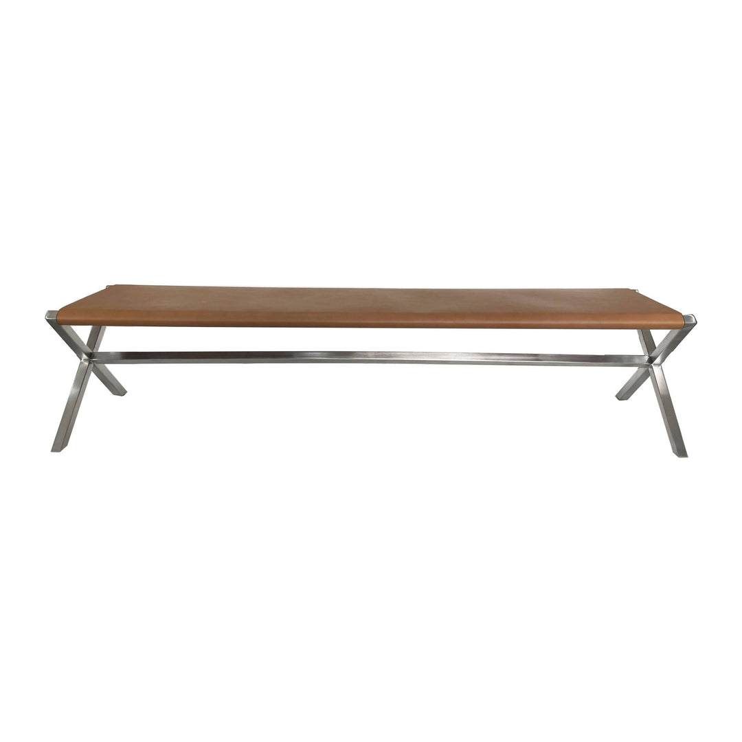 One Coastal Director's Leather Dining Bench by Modus in Cognac and Brushed Stainless Steel — product view on a white background