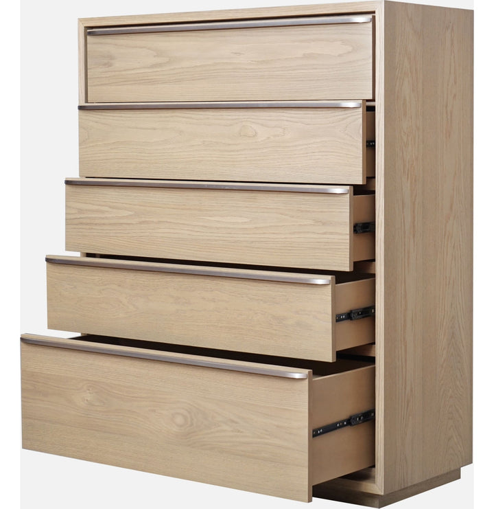 One Coastal Five Drawer Chest in Bisque — with drawers open