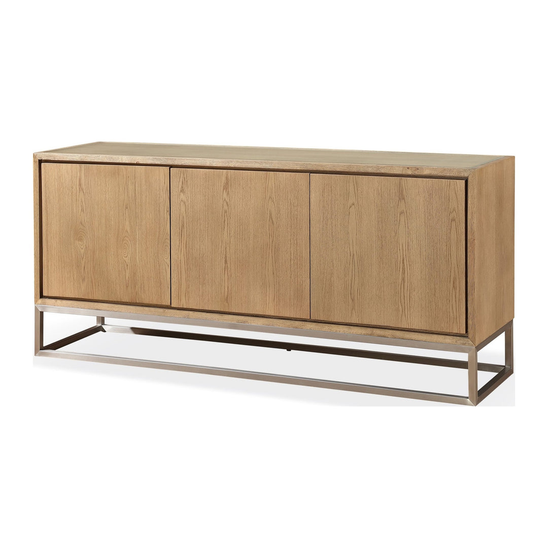 One Coastal Metal Base Sideboard by Modus in White Oak and Brushed Stainless Steel — product view on a white background