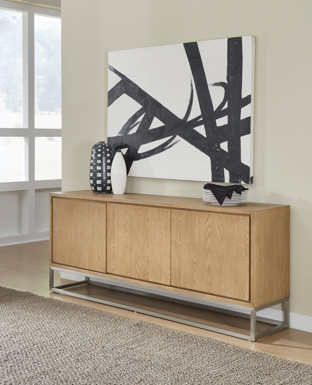 One Coastal Metal Base Sideboard in White Oak and Brushed Stainless Steel — lifestyle photo