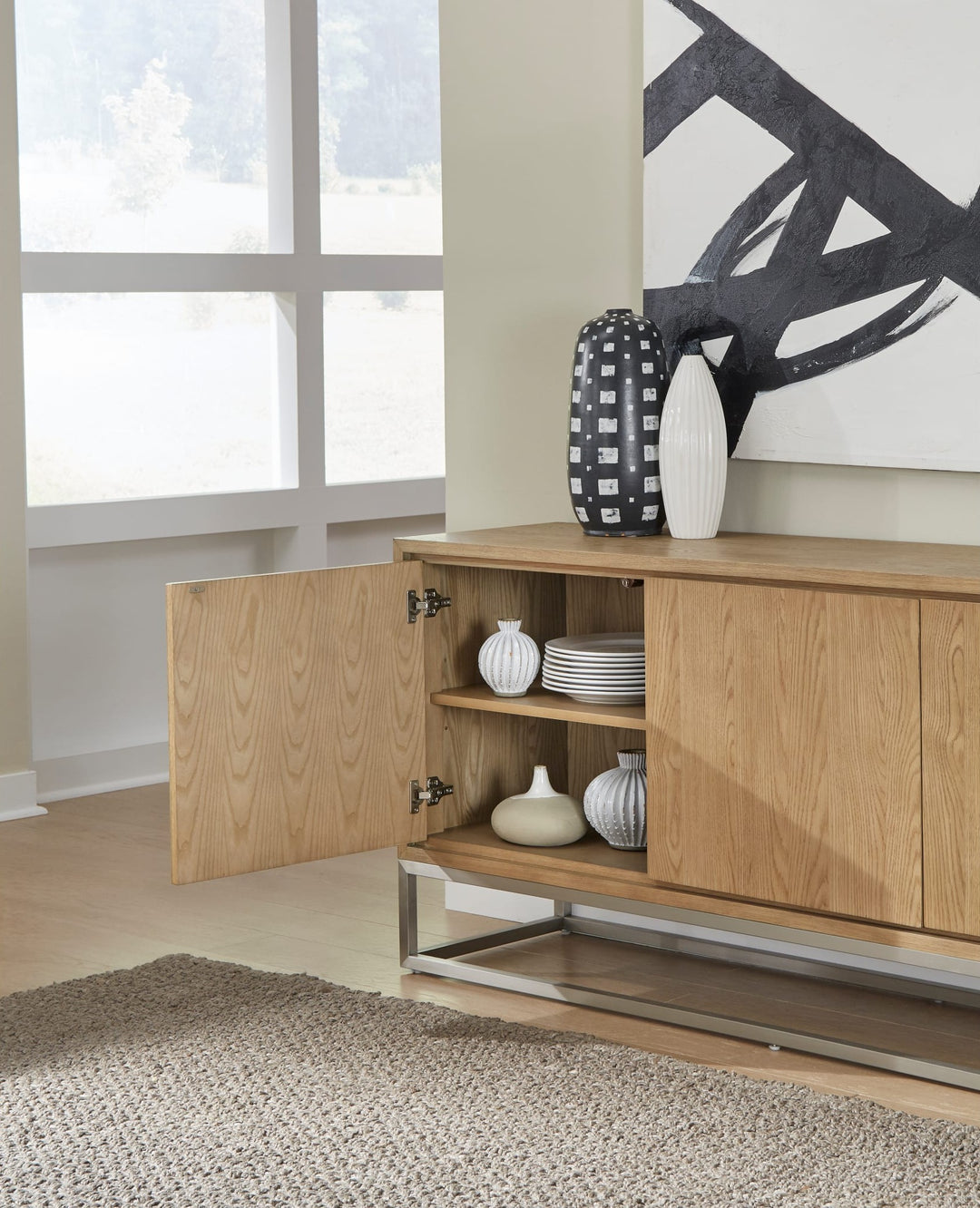 One Coastal Metal Base Sideboard in White Oak and Brushed Stainless Steel — lifestyle photo