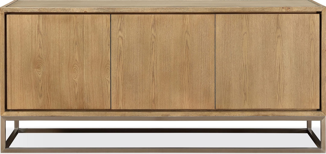 One Coastal Metal Base Sideboard in White Oak and Brushed Stainless Steel — lifestyle photo