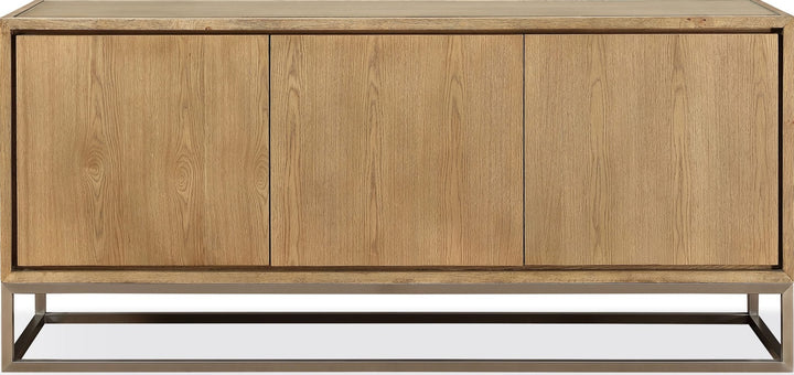 One Coastal Metal Base Sideboard in White Oak and Brushed Stainless Steel — lifestyle photo
